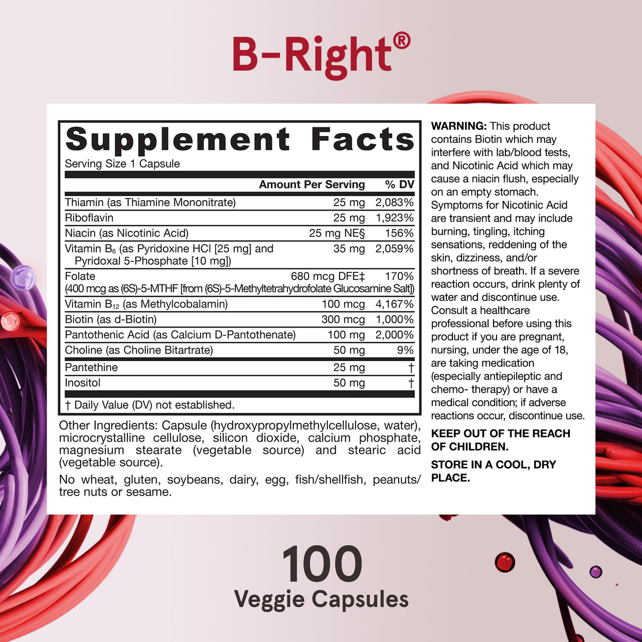 Jarrow Formulas B-Right, Optimized B Complex Featuring Vitamin B1, B2, B5, B6, B12 and B9 to Support Cellular Energy, Immune Health and Stress Management, 100 Veggie Capsules, Up to a 100 Day Supply