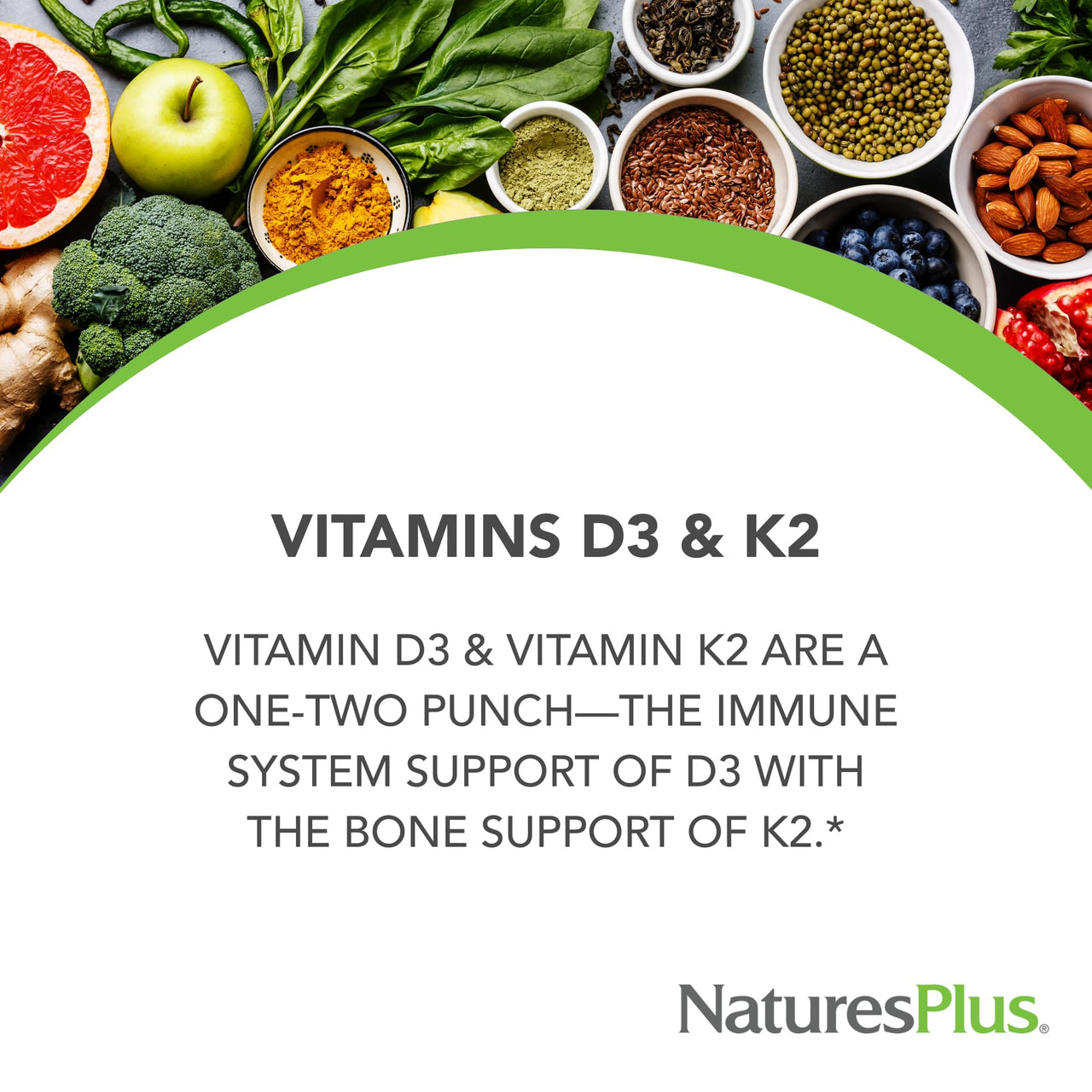 NaturesPlus Vitamins D3 & K2 - 90 Tablets - Promotes Bone Support, Immune Function, Cardiovascular Health & Mood Balance - Vegetarian, Gluten Free - 90 Servings