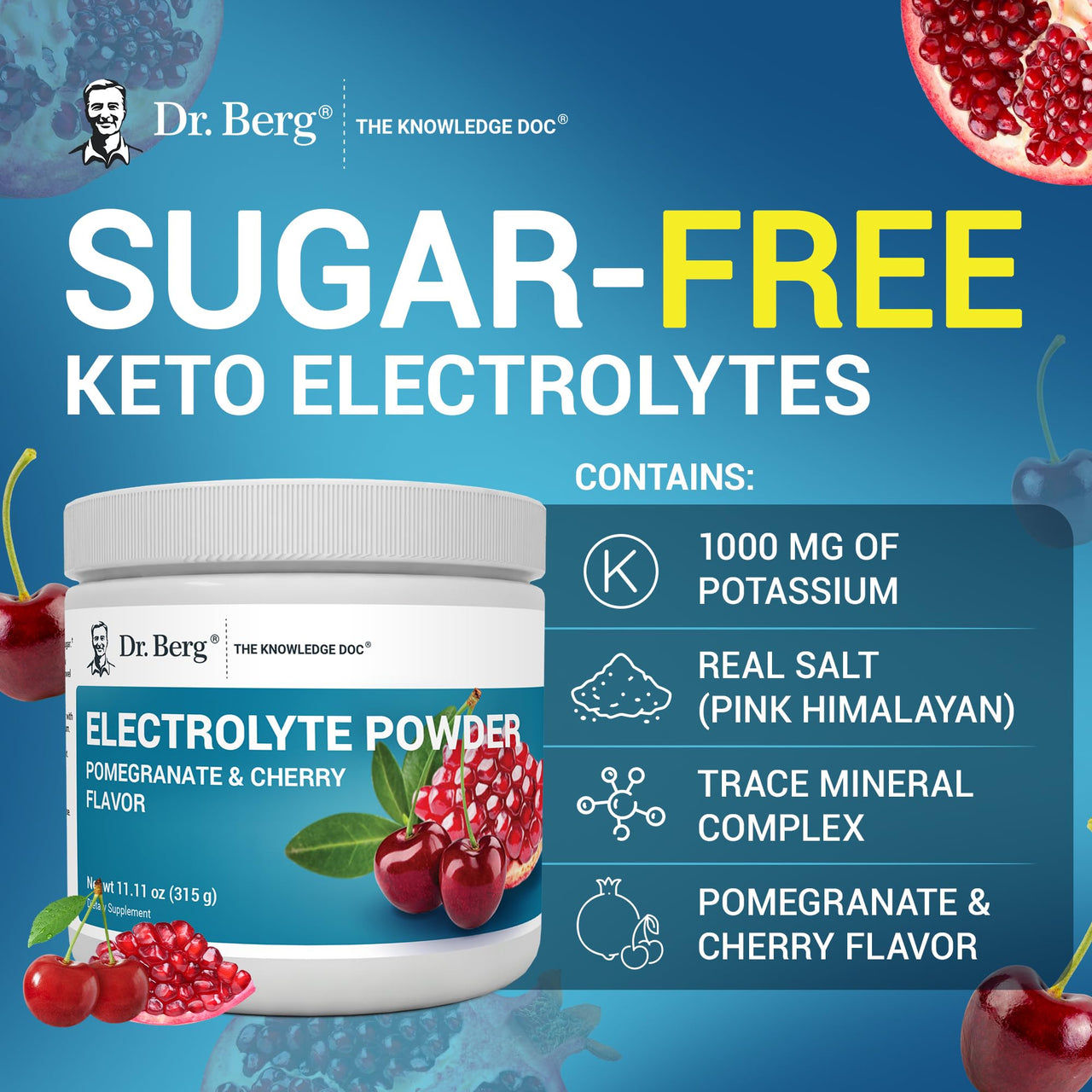 Dr. Berg Zero Sugar Hydration Keto Electrolyte Powder - Enhanced w/ 1000 mg of Potassium & Real Pink Himalayan Salt (NOT Table Salt) - Pomegranate and Cherry Hydration Drink Supplement - 50 Servings