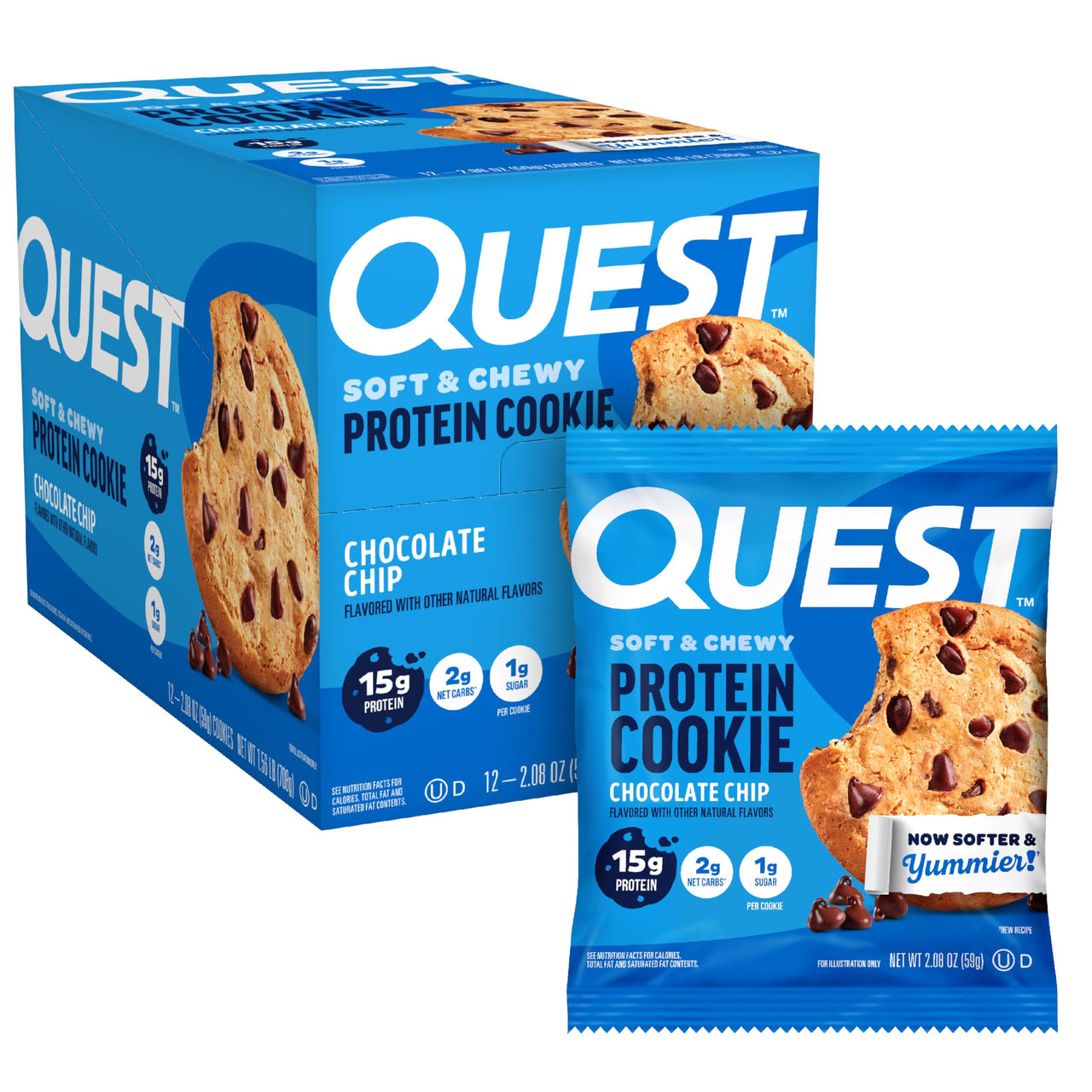 Quest Nutrition Chocolate Chip Protein Cookie, 15g Protein, 1g Sugar, 2g Net Carbs, Keto Friendly, High Protein, Low Carb; 12 Count