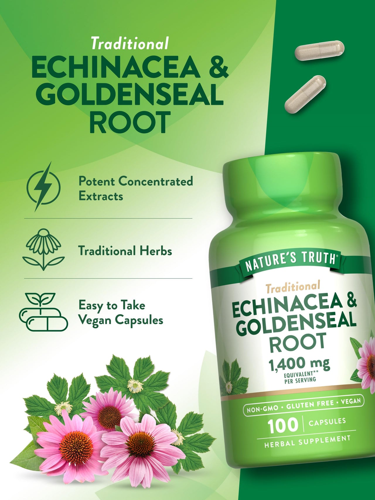 Nature's Truth Echinacea Goldenseal Capsules | 100 Count | Vegan, Non-GMO & Gluten Free Supplement | Herbal Support Complex