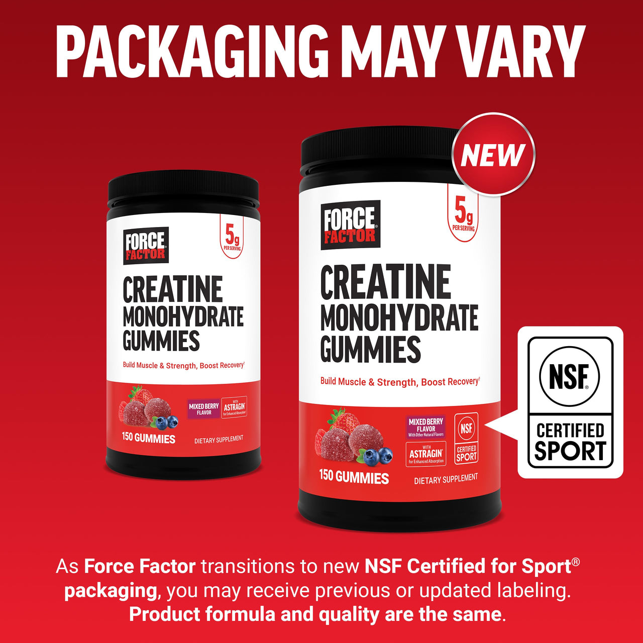 Force Factor Creatine Monohydrate Gummies, NSF Certified, 5g Dose for Men & Women to Support Muscle, Strength, Recovery, Cognitive Health & Memory, Mixed Berry, 150 Gummies