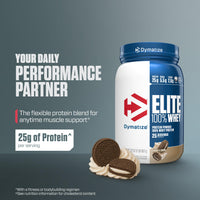 Thumbnail for Dymatize Elite 100% Whey Protein Powder, Cookies & Cream, 25g of Protein, 5.5g BCAAs, Less Than 140 Cal., Gluten Free, 3g Carb, 2g Sugar, 3g Fat (25 Servings)