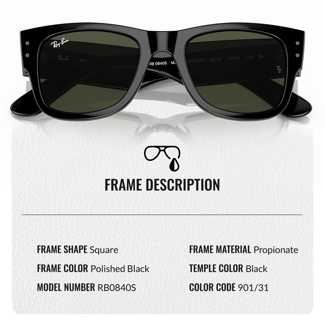 Ray-Ban RB0840S MEGA WAYFARER Square Shape Sunglasses With Eyewear Kit Bundle - High Bridge Fit - Ideal Formal and Casual Wear Square Sunglasses