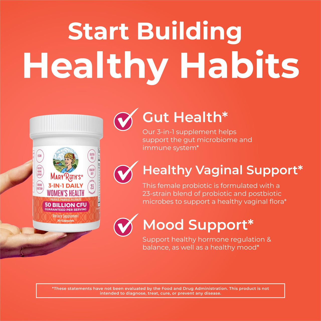 MaryRuth's 3-in-1 Daily Health Probiotics for Women | Hormone Support & Gut Health Supplement for Women | Women’s Probiotic | 50 Billion CFU | Vegan | 30 ct