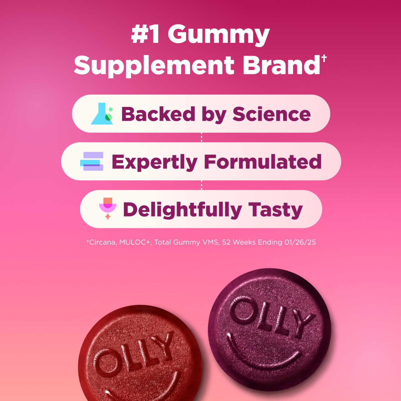 OLLY Women's Multivitamin Gummy, Vitamins A, D, C, E, Biotin, Folic Acid, Adult Chewable Vitamin, Berry Flavor, 45 Day Supply - 90 Count
