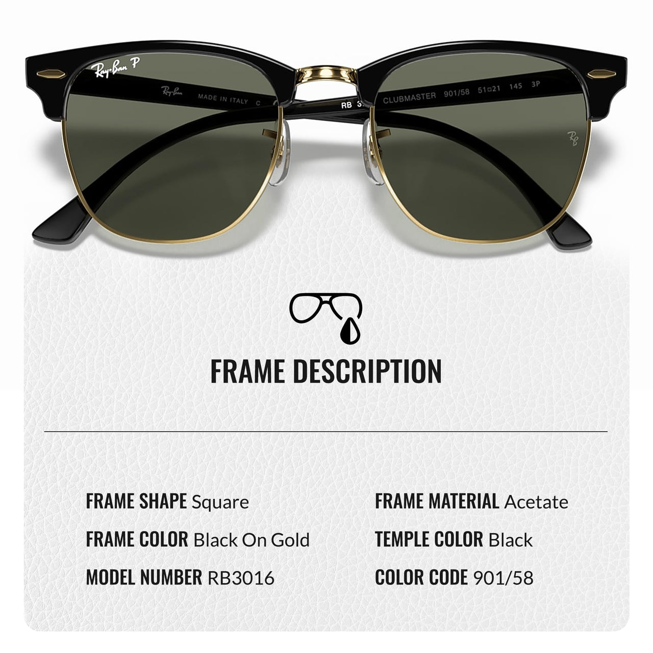 Ray-Ban RB3016 Clubmaster Polarized Classic Square Shape Sunglasses for Men and Women- Timeless Classic Sun Glasses with Modern Elegance - Premium UV Protection - Designer Men's and Women's Sunglasses