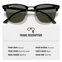 Thumbnail for Ray-Ban RB3016 CLUBMASTER CLASSIC POLARIZED Square Shaped Sunglasses for Men & Women – Includes Official Rayban Eyewear Kit – Ideal Formal & Casual Wear Sunglasses – G-15 Green Lens