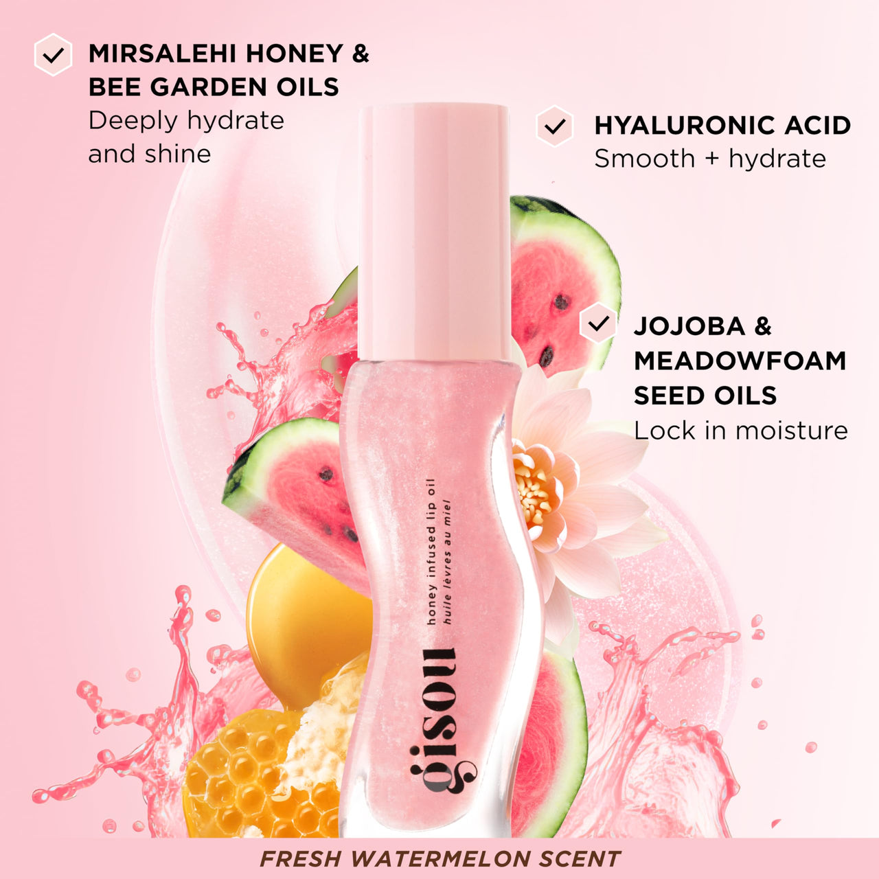 Gisou Honey Infused Lip Oil – Hydrating & Glossy Lip Oil with Mirsalehi Honey & Jojoba Seed Oil, Non-Sticky Shine, Watermelon Sugar, 0.27 Fl Oz