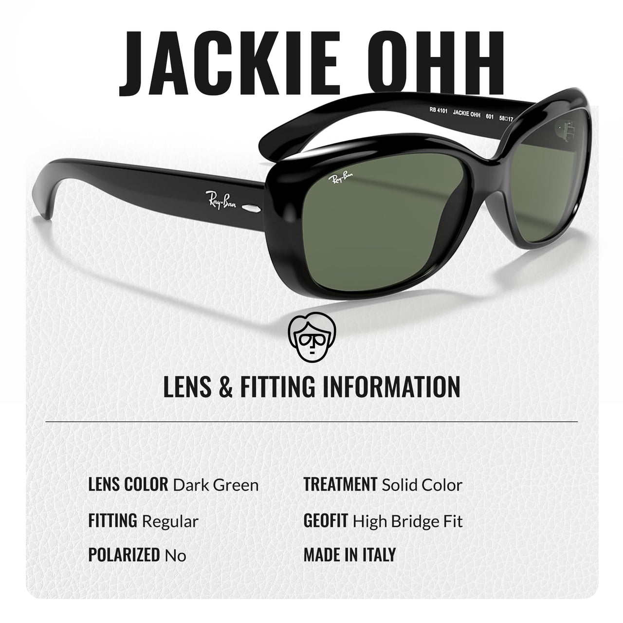 Ray-Ban RB4101 JACKIE OHH Butterfly Shaped Non-Polarized Sunglasses for Women – Includes Official RAYBAN Eyewear Kit – Ideal Formal & Casual Wear Sunglasses – Dark Green Lens