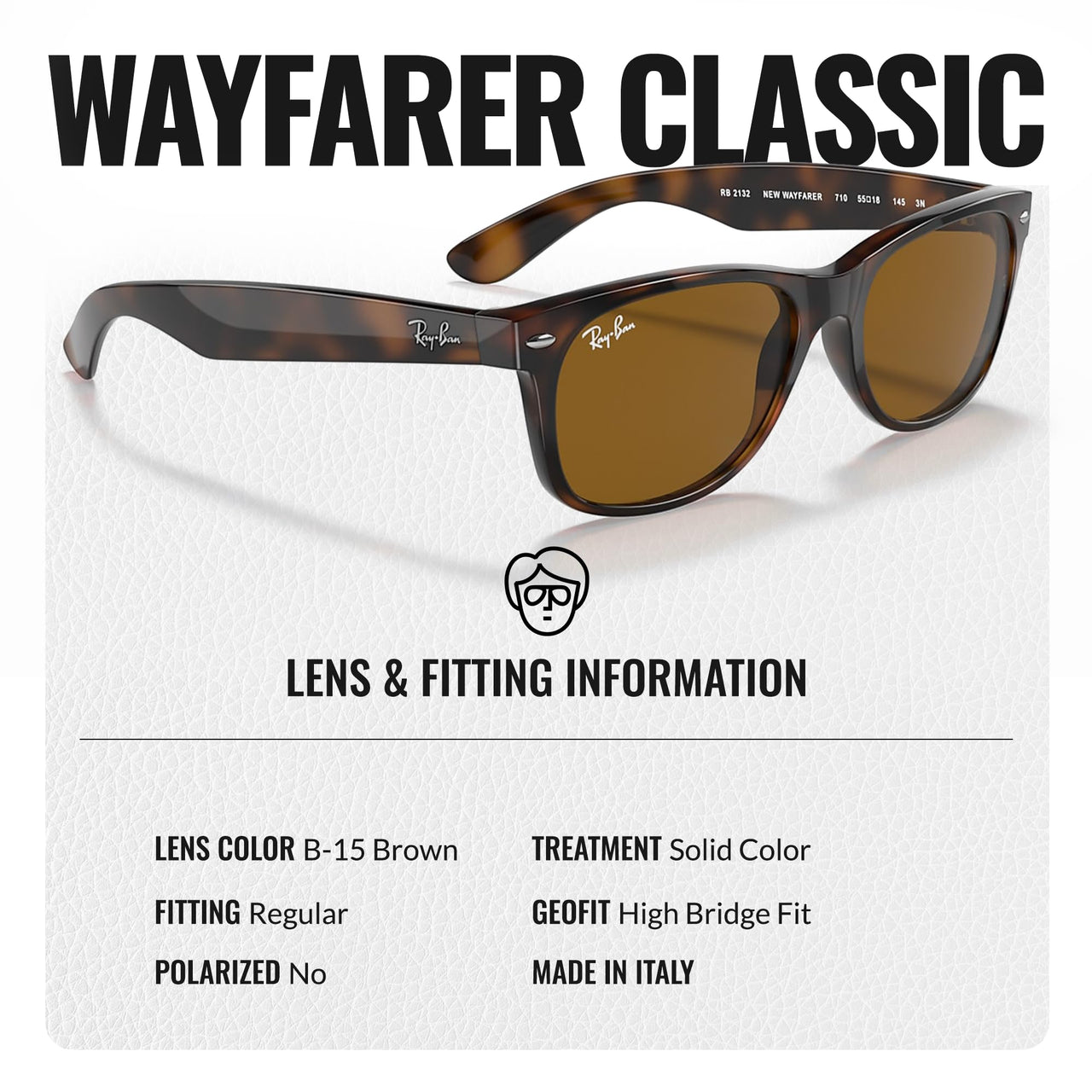 Ray-Ban RB2132 NEW WAYFARER CLASSIC Square Shaped Non-Polarized Sunglasses for Men & Women – Includes Official RAYBAN Eyewear Kit – Ideal Formal & Casual Wear Sunglasses – B-15 Brown Lens