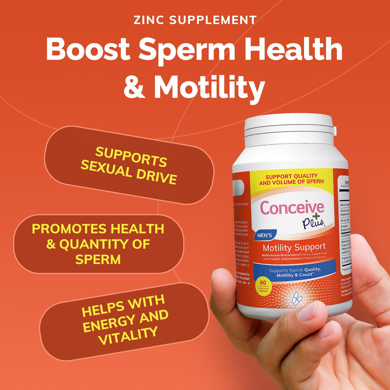 CONCEIVE PLUS Motility Boost for Men - Sperm Count Booster with Vitamin D, Vitamin E, Zinc, Spermidine, Antioxidants - Sperm Count, Sperm Motility - Multivitamin Supplement for Men Sperm - 60 Caps