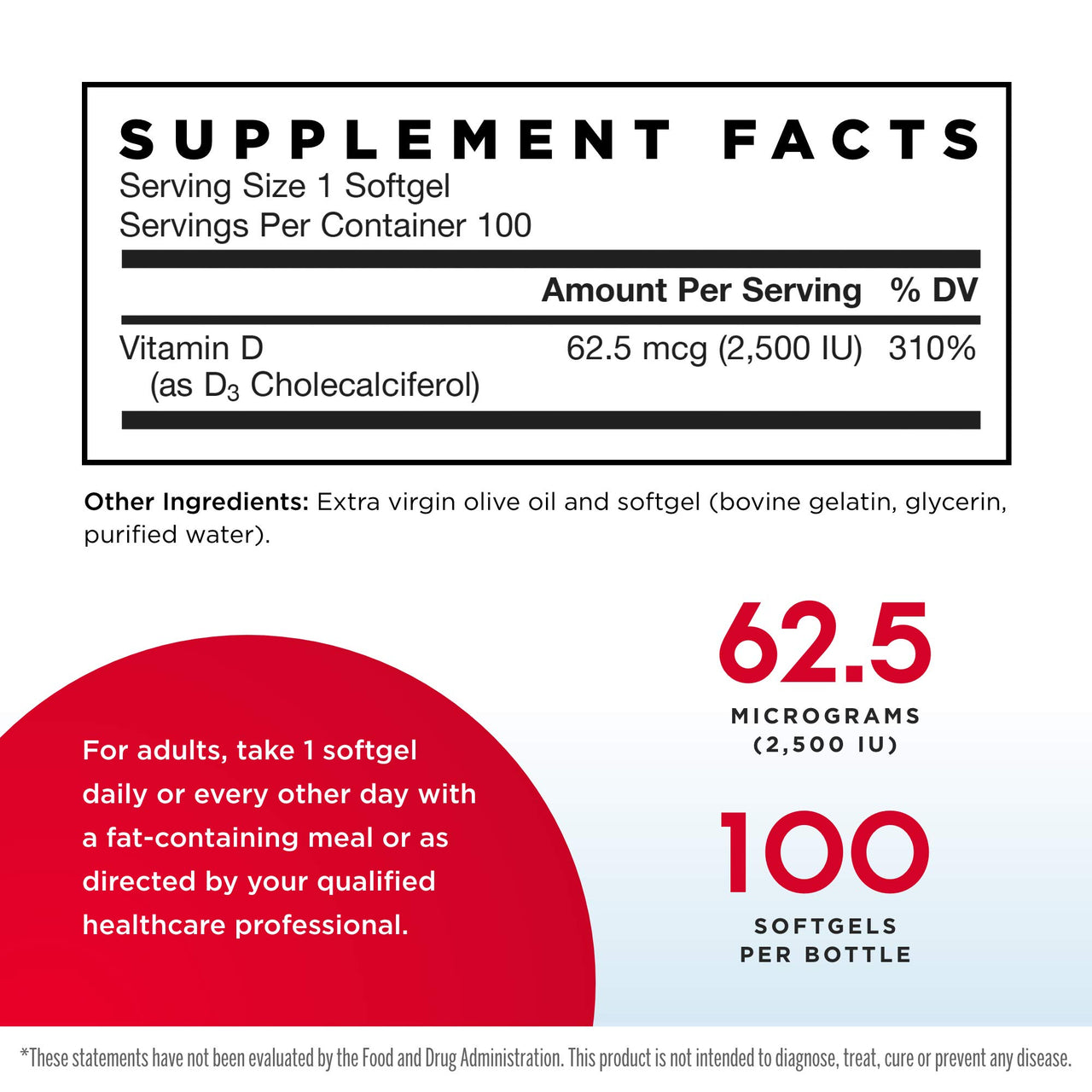 Jarrow Formulas Vitamin D3 2500 IU - 100 Softgels, Pack of 2 - Bone Health, Immune Function & Calcium Metabolism Support - 200 Total Servings