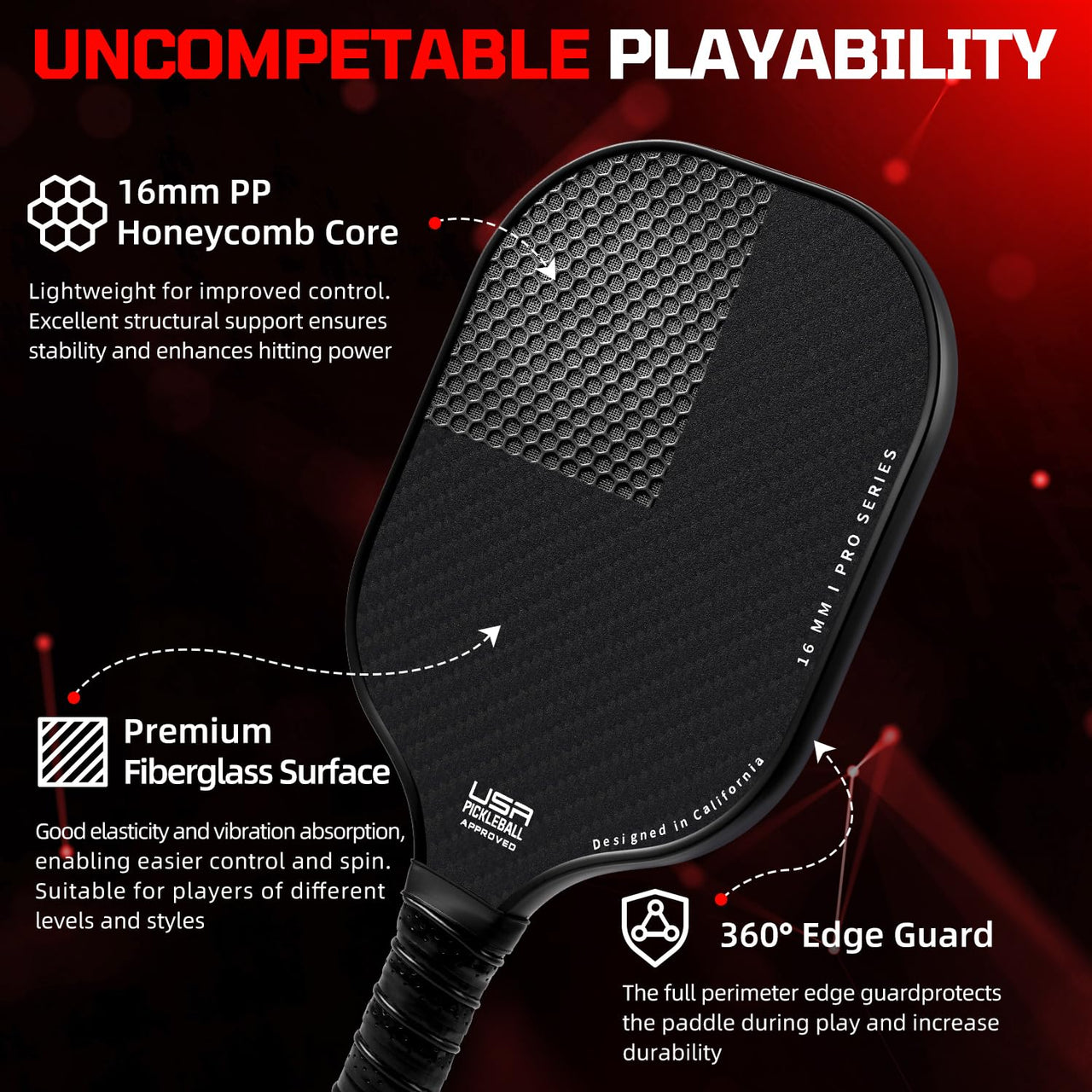 BAGAIL Pickleball Paddles, USAPA Approved Fiberglass Surface Pickleball Set, Lightweight Pickle Ball Rackets with 4 Balls, 1 Bag, Designed in California for Traction and Stability - 4 Pack, Black