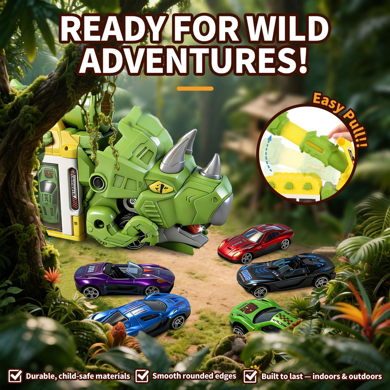 LUCKFUTURE Dinosaur Truck Toy, Green Triceratops Launcher Vehicle - Dino Car Toy that Shoots, Fun Play Set with Cargo Carrier for Toddlers Kids Ages 3 4 5 6 7