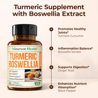 Thumbnail for Turmeric Supplement w/Boswellia Serrata – Daily Support for Joint Health & Comfort – Organic Turmeric Curcumin Powder, Bioperine for Enhanced Absorption & Ginger Root – 60 Boswellia Extract Capsules