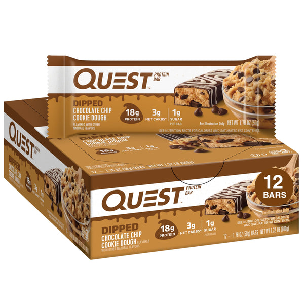 Quest Nutrition Dipped Chocolate Chip Cookie Dough Protein Bars, 18g Protein, 3g Net Carbs, Gluten Free, 1.76 Oz, 12 Count