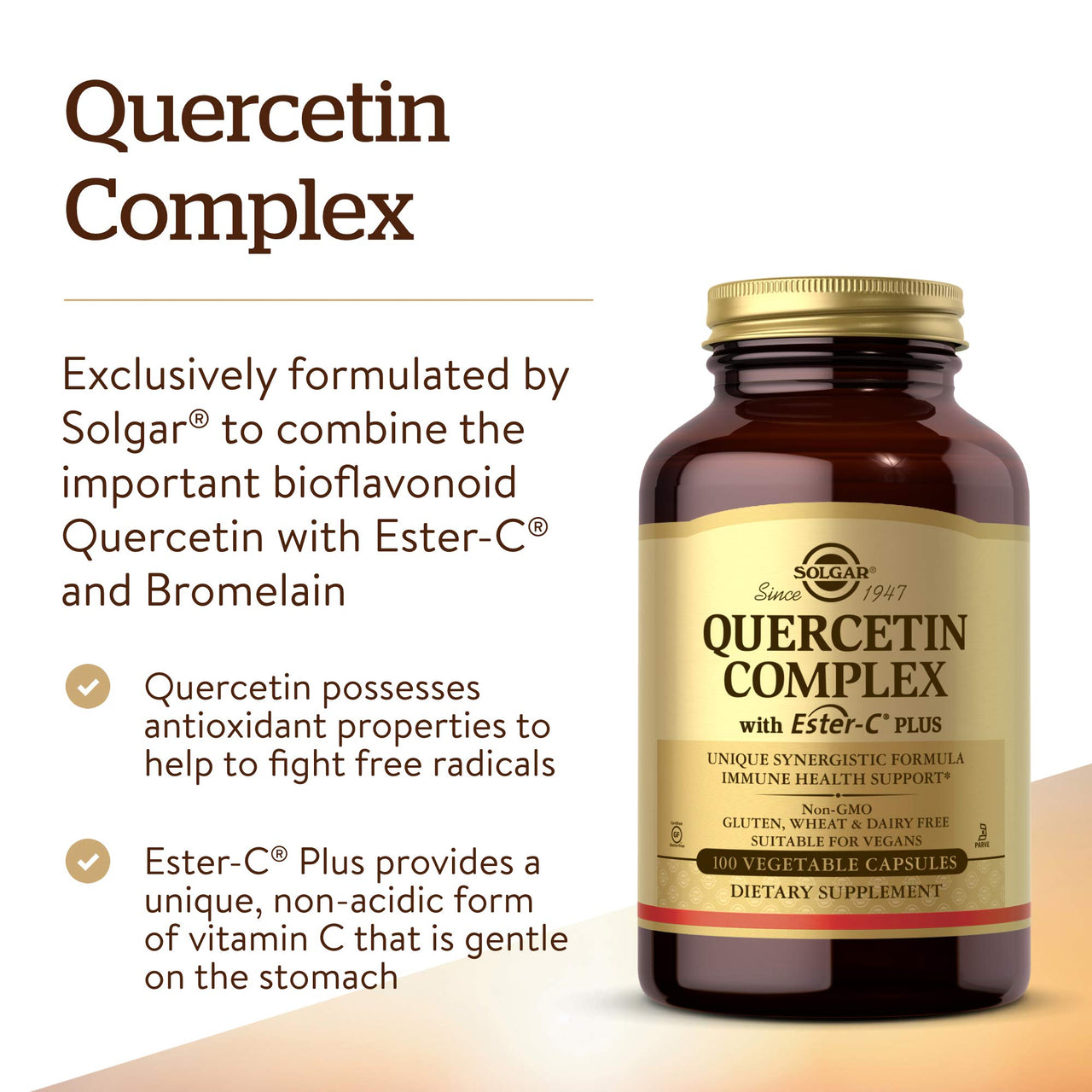 Solgar Quercetin Complex with Ester-C Plus, 100 Vegetable Capsules - Supports Immune Health, Antioxidant - Gentle on The Stomach Vitamin C - Non-GMO, Vegan, Gluten/Dairy Free - 50 Servings