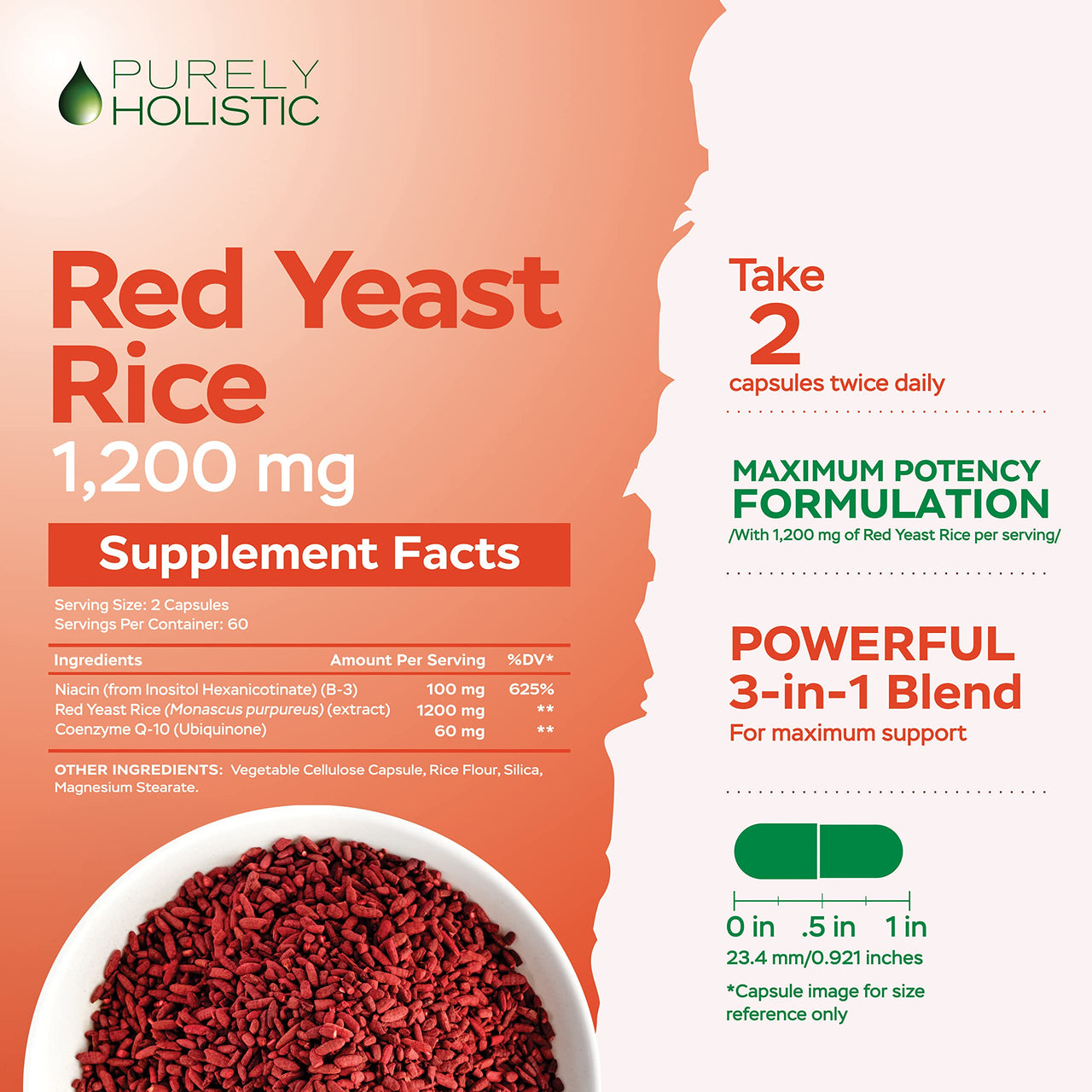 Purely Holistic Red Yeast Rice 1200mg with CoQ10 Supplement & Flush Free Niacin 120 Extra Strength Vegetarian Capsules – Advanced Healthy Heart Formula - Non-Irradiated, Citrinin Free