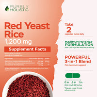 Thumbnail for Purely Holistic Red Yeast Rice 1200mg with CoQ10 Supplement & Flush Free Niacin 120 Extra Strength Vegetarian Capsules – Advanced Healthy Heart Formula - Non-Irradiated, Citrinin Free