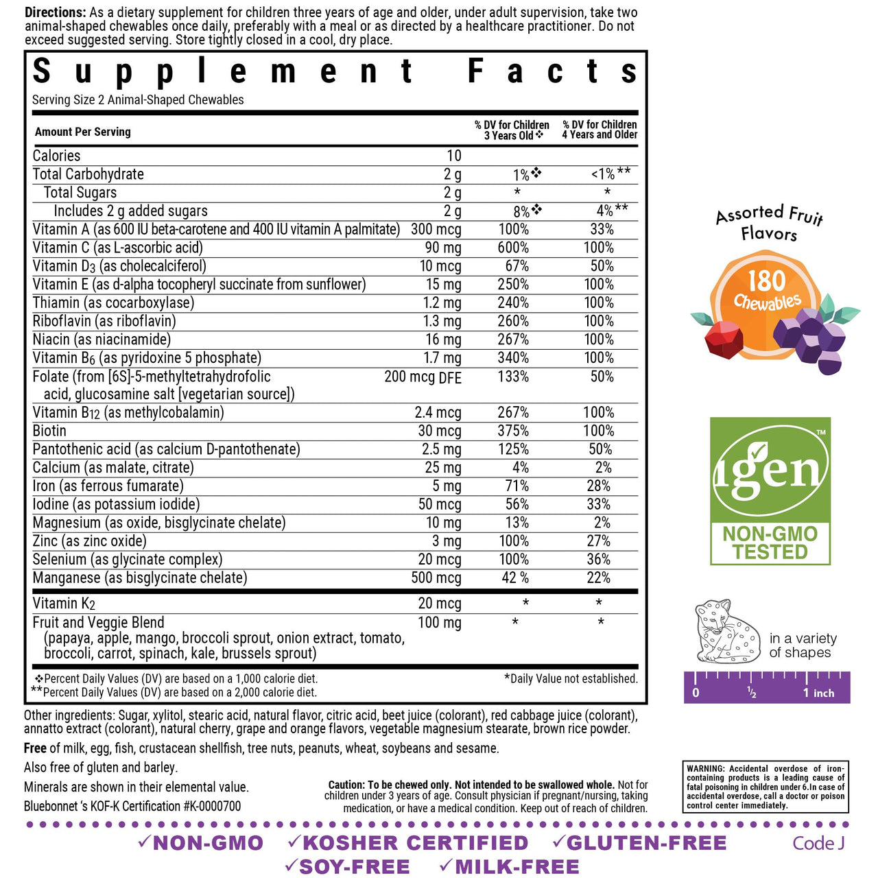 Bluebonnet Nutrition Rainforest Animalz Whole Food Based Multiple Chewable Tablet, Kids Multivitamin & Mineral, Vitamin C, D3, Iron, Gluten Free, Milk Free, Kosher, 180 Chewable Tablets, Mixed Flavor