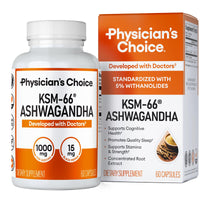 Thumbnail for Physician's CHOICE KSM-66 Ashwagandha Root Powder Extract 1,000mg - Organic - with Black Pepper for Maximum Absorption - 5% Withanolides - Stress, Mood & Athletic Support - 60 Vegan Capsules