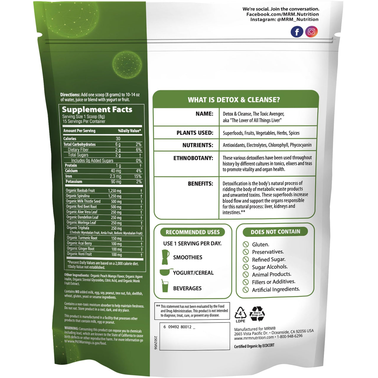 MRM Organic Detox and Cleanse Powder - For Women & Men - Daily Drink Mix with Superfoods, Antioxidants, Chlorophyll, Phycocyanin, Vegan, Organic, Gluten-Free, Peach Mango Flavor - 15 Servings