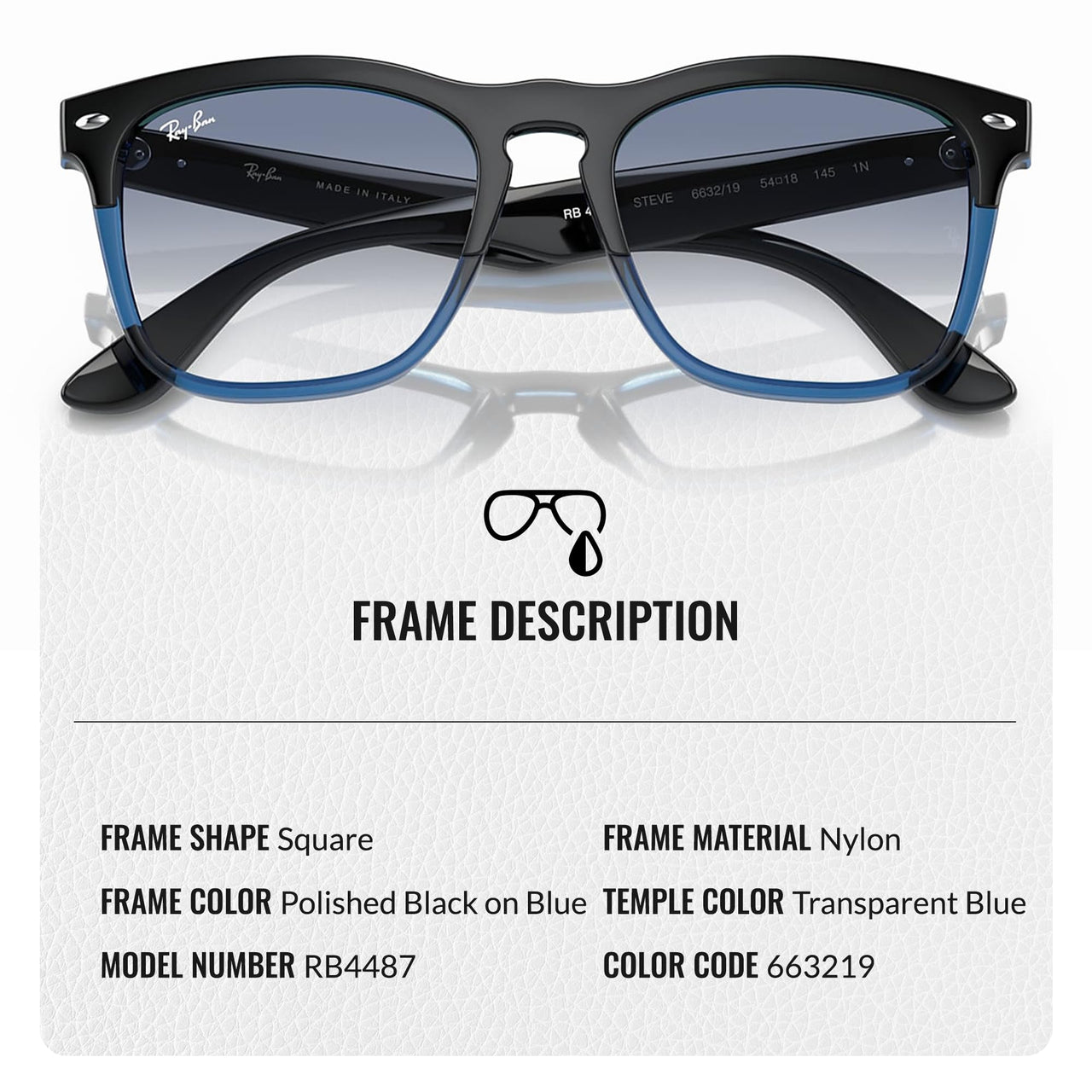 Ray-Ban RB4487 STEVE Square Shaped Non-Polarized Sunglasses for Men & Women – Includes Official RAYBAN Eyewear Kit – Ideal Formal & Casual Wear Sunglasses – Blue Lens