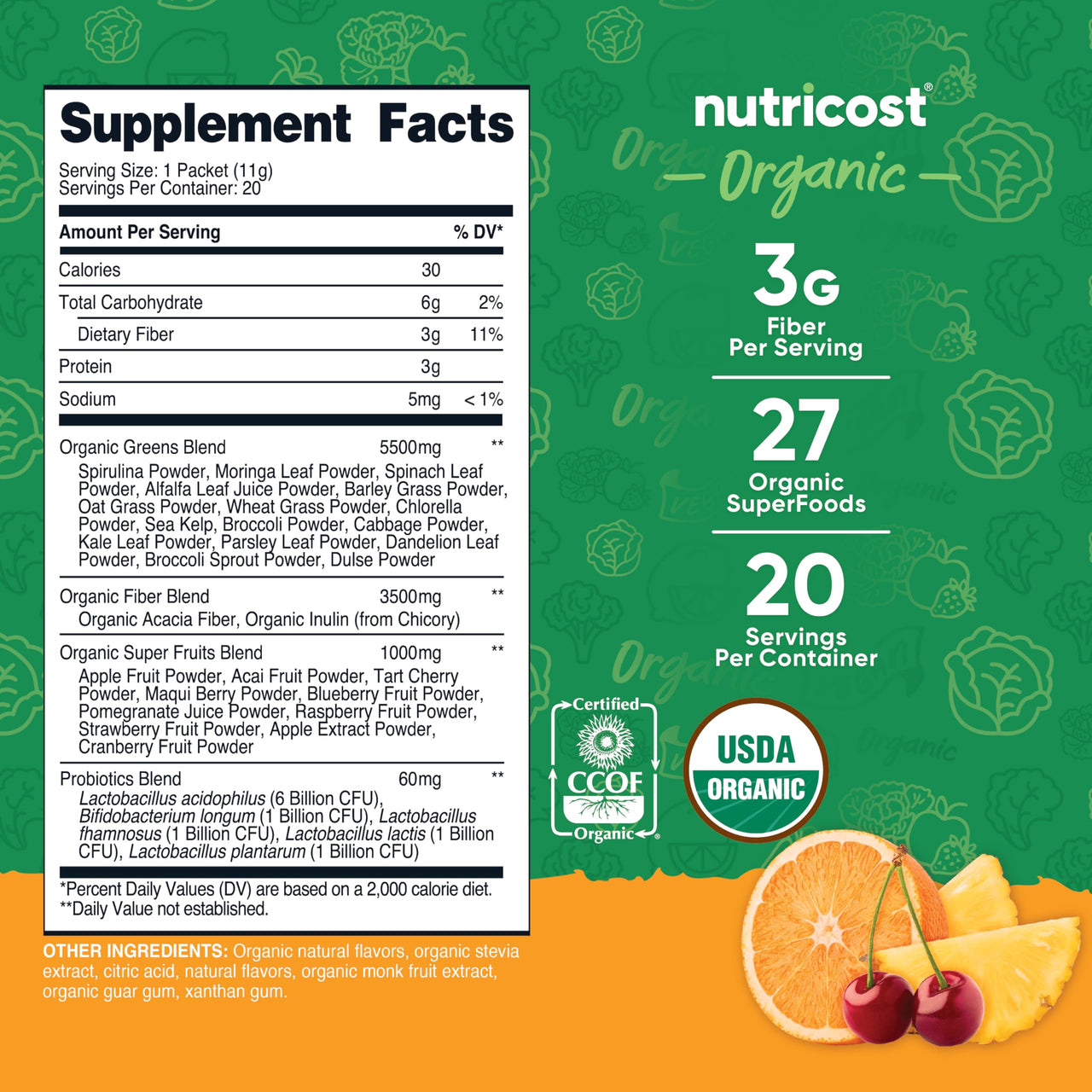 Nutricost Organic Super Greens (Orange Sunrise Flavored) 20 Stickpacks - Gluten-Free, Non-GMO