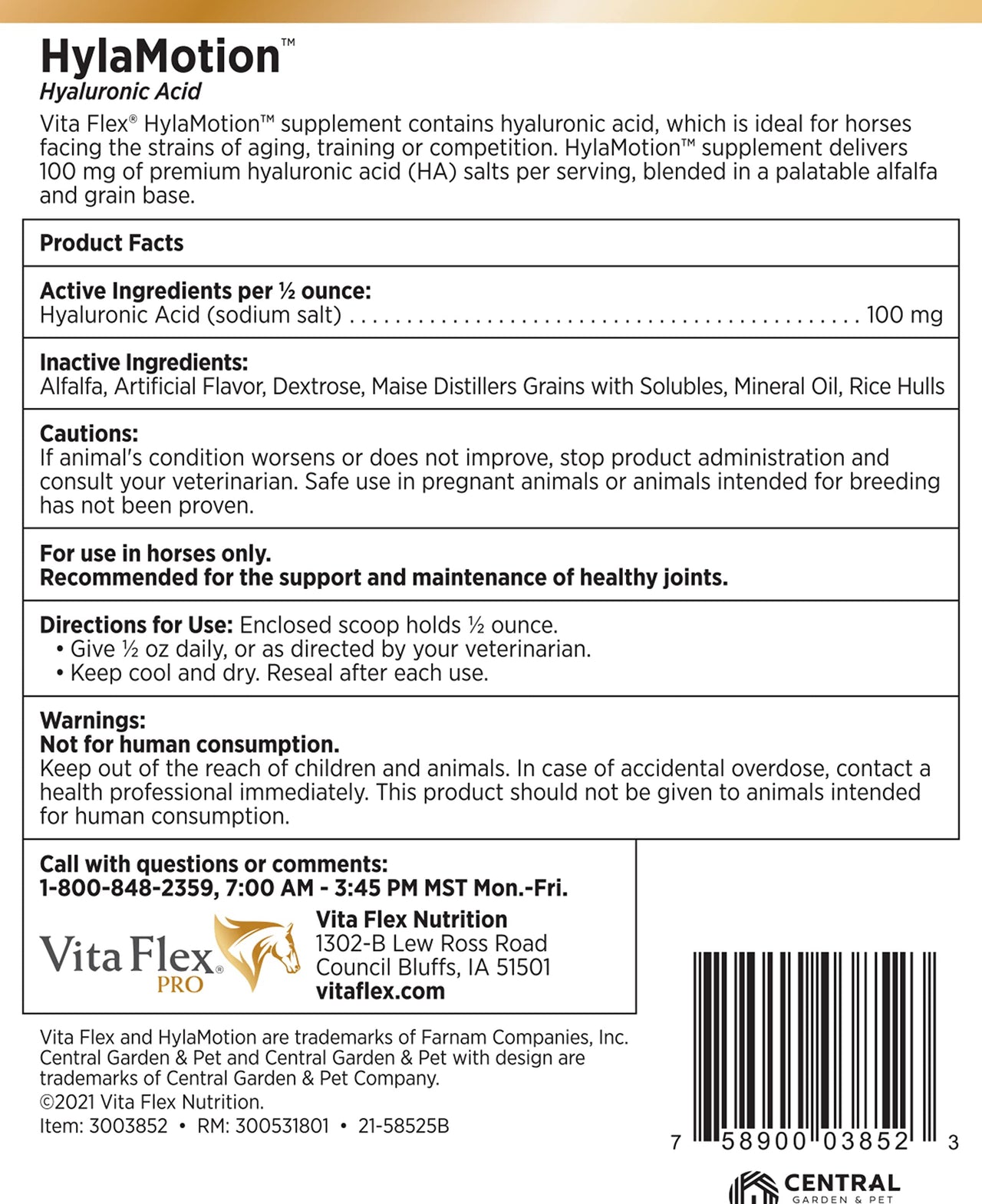 Vita Flex Pro Hylamotion Hyaluronic Acid Horse Joint Supplement; Ideal for Aging, Training or Competition Horses, 2.5 Pounds