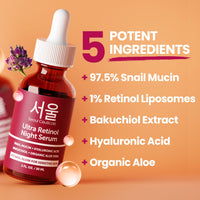 Thumbnail for SeoulCeuticals 1% Korean Retinol Night Serum for Face - 97.5% Snail Mucin + Hyaluronic Acid + Bakuchiol, Cruelty Free K Beauty for Sensitive Skin 1oz