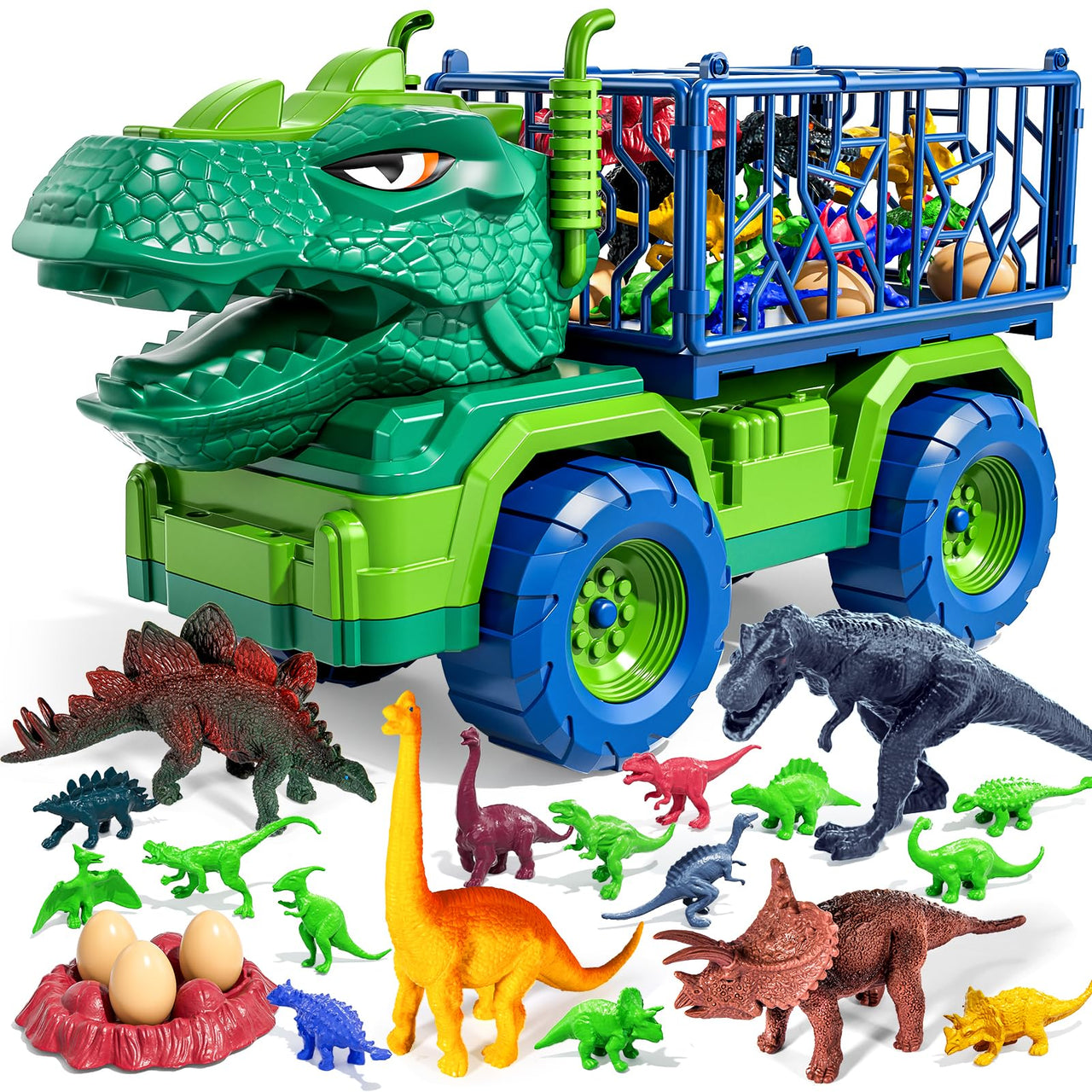 Guminnara 22 in 1 Toddler T-rex Dinosaur Truck Toy Set for Kids Boys 3-5 5-7, Tyrannosaurus Carrier Transport Truck with 18 Jurassic Dino Figures Birthday Toy for Boys Girls 3 4 5 6 7 Years Old