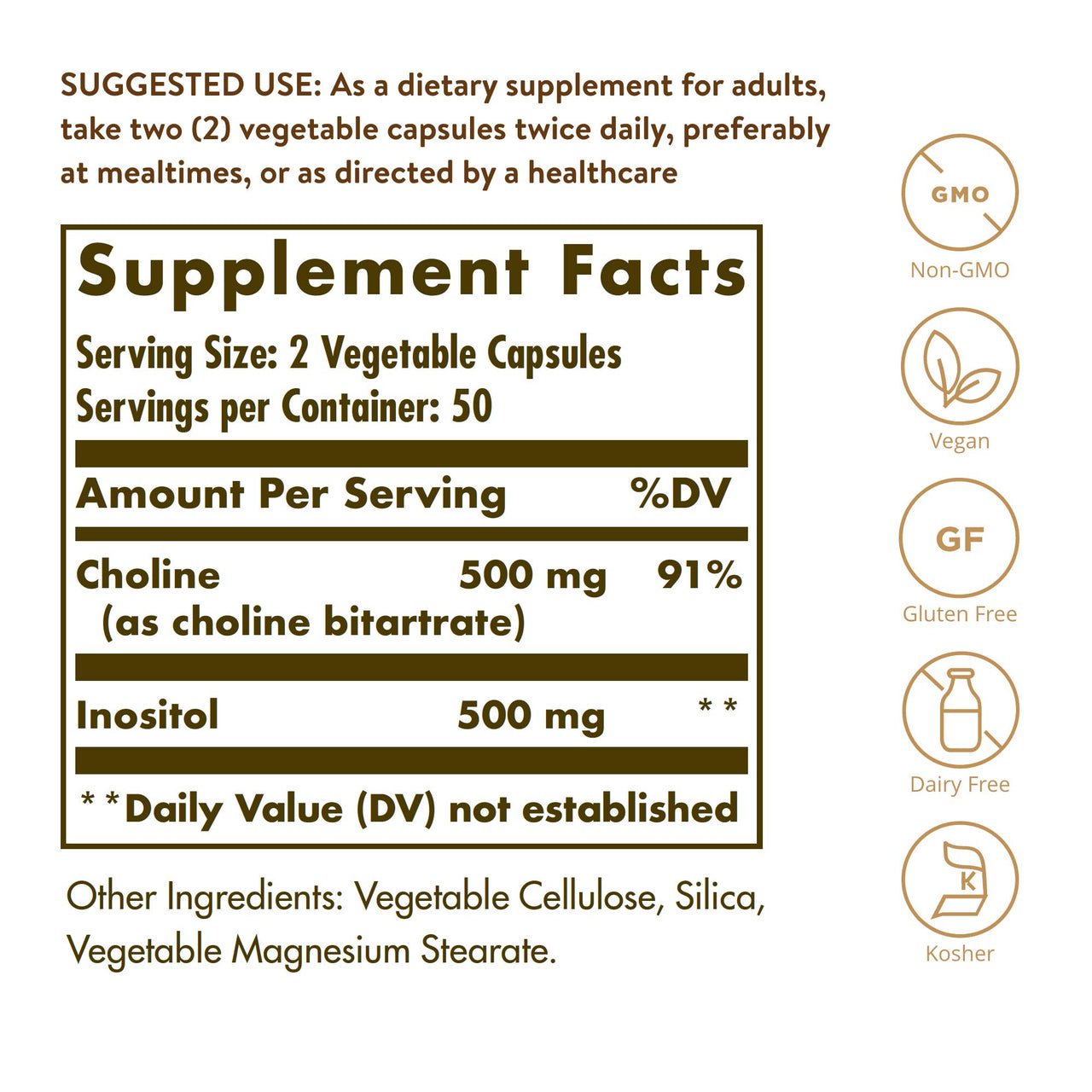 Solgar Choline/Inositol 500 mg/500 mg, 100 Vegetable Capsules - Energy Metabolism, Liver Health, Essential for Brain & Nerve Function - Non-GMO, Vegan, Gluten Free, Dairy Free, Kosher - 50 Servings