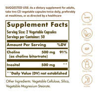 Thumbnail for Solgar Choline/Inositol 500 mg/500 mg, 100 Vegetable Capsules - Energy Metabolism, Liver Health, Essential for Brain & Nerve Function - Non-GMO, Vegan, Gluten Free, Dairy Free, Kosher - 50 Servings