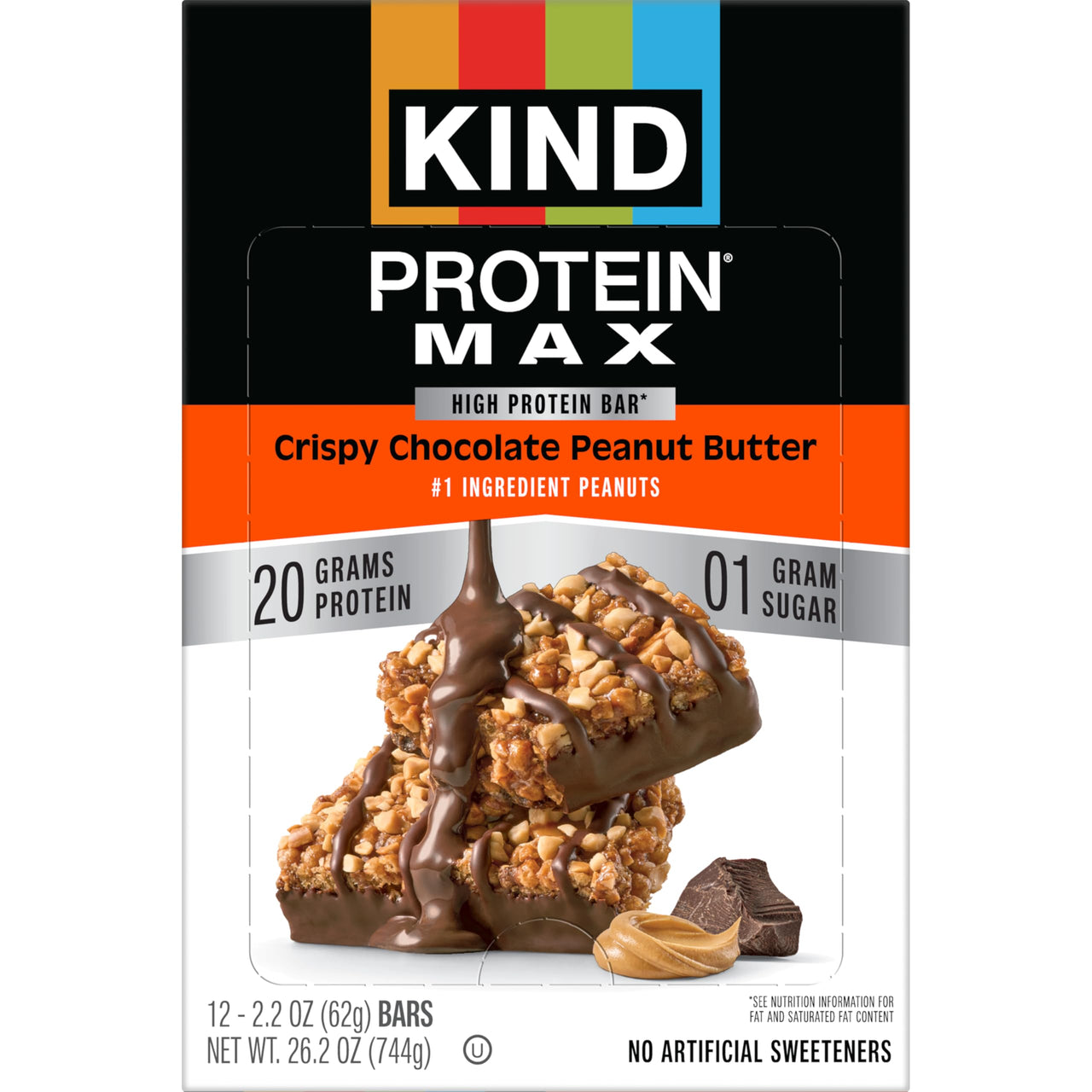 KIND Protein MAX Crispy Chocolate Peanut Butter Snack Bars, 20g of Protein, Keto Friendly, 1g of Sugar Per Bar, Gluten Free, 12 Count Box