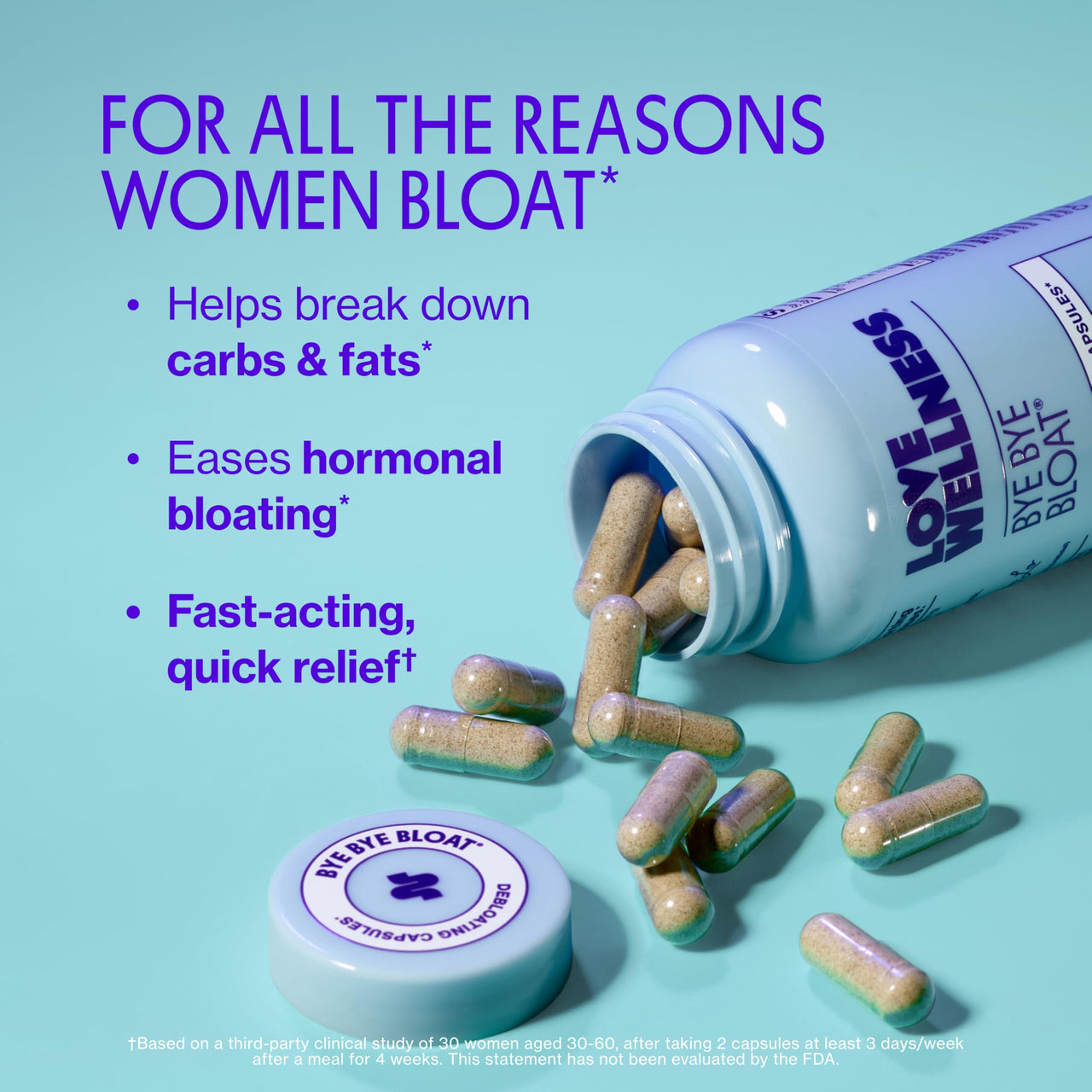Love Wellness Bye Bye Bloat | Digestive Enzymes for Fast Acting Bloating Relief for Women | Helps Reduce Water Retention & Gas Relief | Supports Digestive Health with Fenugreek & Dandelion | 60 Count