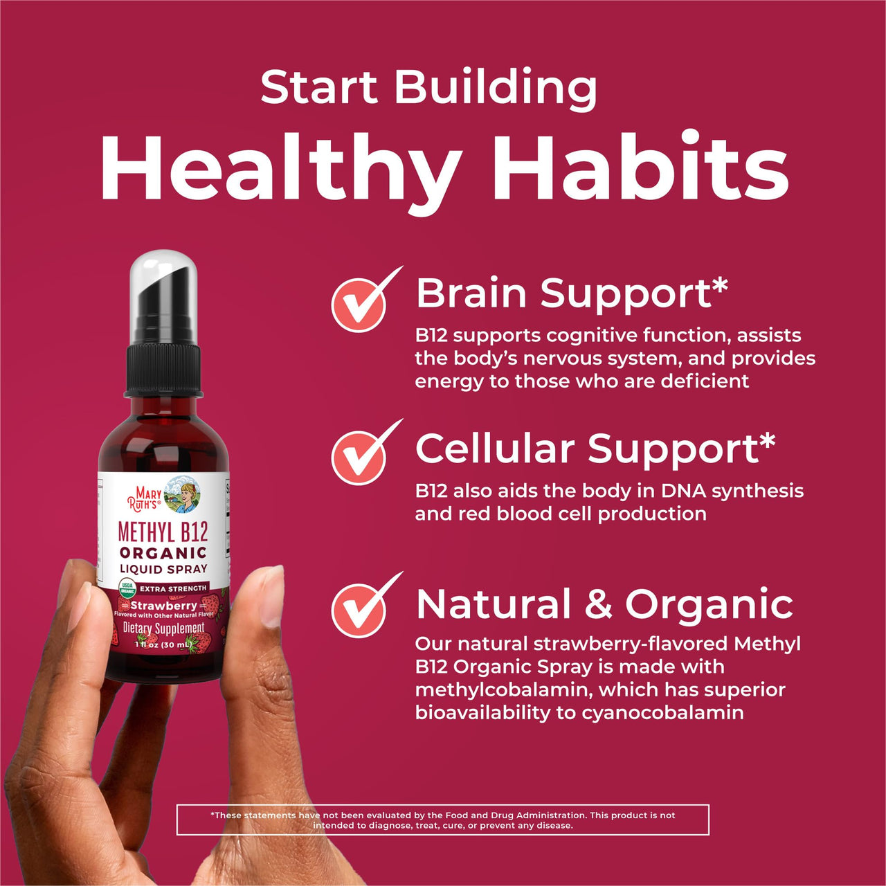MaryRuth Organics Vitamin B12 Liquid Spray | Vegan, Non-GMO, Gluten-Free | USDA Organic Supplement | Energy & Nervous System Support | B12 Vitamins for Women & Men | 720 mcg | 1 Fl Oz