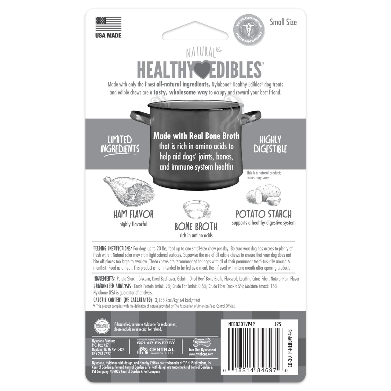 Nylabone Healthy Edibles Broth Bone Natural Dog Chews Long Lasting Treats Ham Flavor Small/Regular - Up to 25 Ibs. (4 Count)