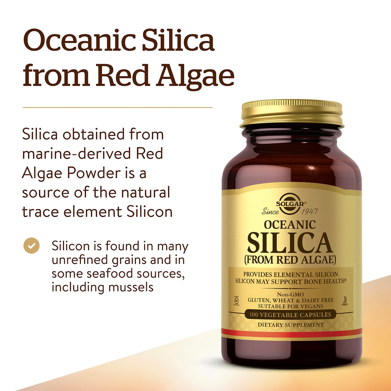 Solgar Oceanic Silica from Red Algae 25 mg, 100 Vegetable Capsules - Excellent Source of Calcium, Supports Bone Health - Non-GMO, Vegan, Gluten Free, Dairy Free, Kosher - 50 Servings