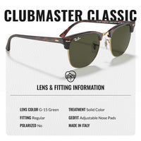 Thumbnail for Ray-Ban RB3016 CLUBMASTER CLASSIC Square Shaped Non-Polarized Sunglasses for Men & Women – Includes Official RAYBAN Eyewear Kit – Ideal Formal & Casual Wear Sunglasses – G-15 Green Lens