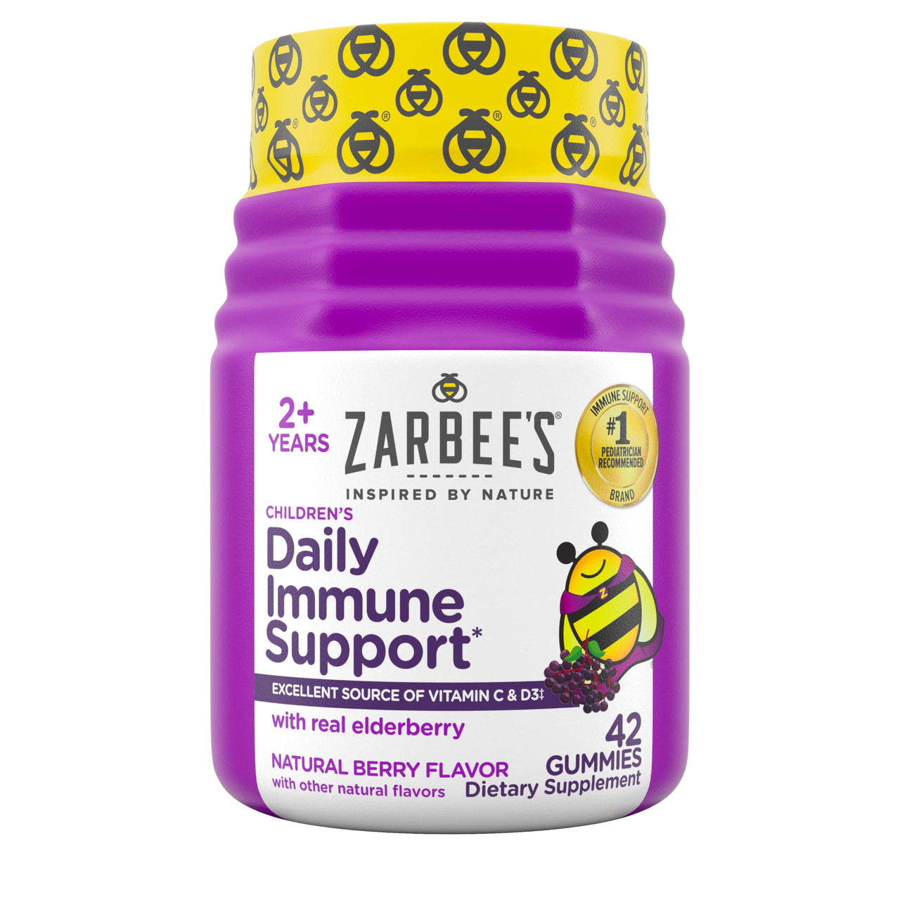 Zarbee’s Kids Elderberry Immune Support Supplement Gummies, Vitamins A C D3 E & Zinc, Elderberry Extract, Gluten & Gelatin Free, No Artificial Flavors, Natural Berry Flavor, Ages 2+, 42 Ct