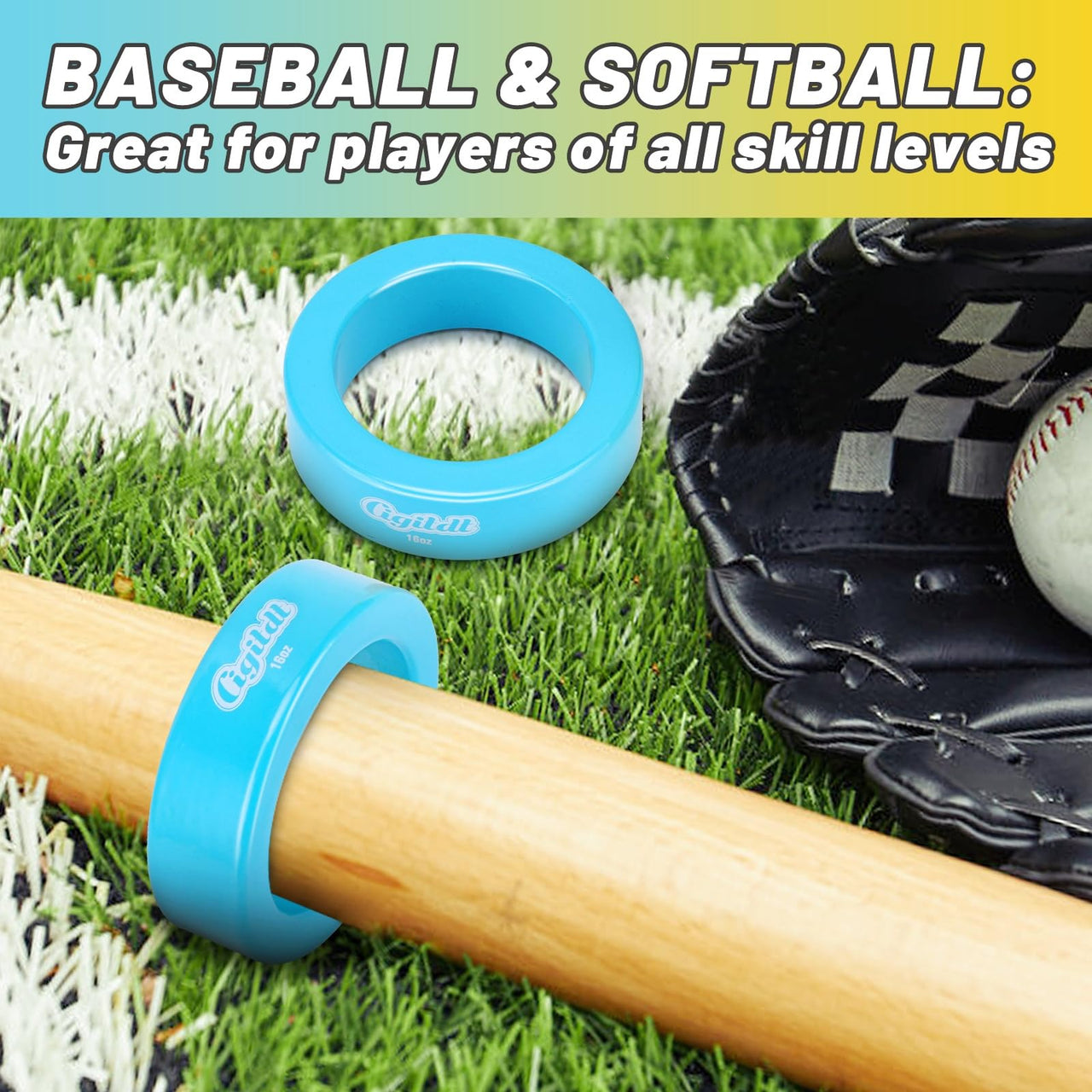 CIGITDT 2 Pack Baseball and Softball Bat Weights - 16 oz Baseball Donuts for Adult + Youth Baseball Accessories- Fits All Standard Bats-Yellow & Blue