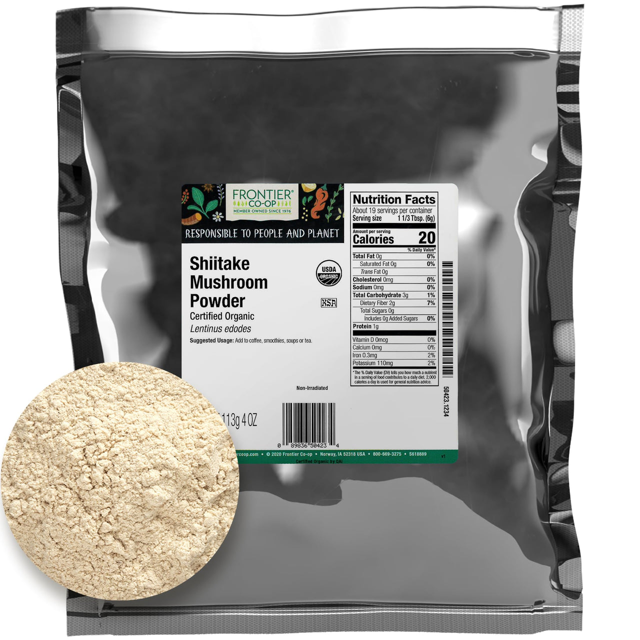 Frontier Co-op Premium Organic Shiitake Mushroom Powder - Natural Functional Mushroom Powder for Soups, Broths, and Savory Cooking | 4 Ounce (Pack of 1)