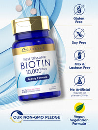 Thumbnail for Carlyle Biotin 10000mcg | 250 Fast Dissolve Tablets | Max Strength for Hair, Skin, and Nails | Vegetarian, Non-GMO, Gluten Free Supplement