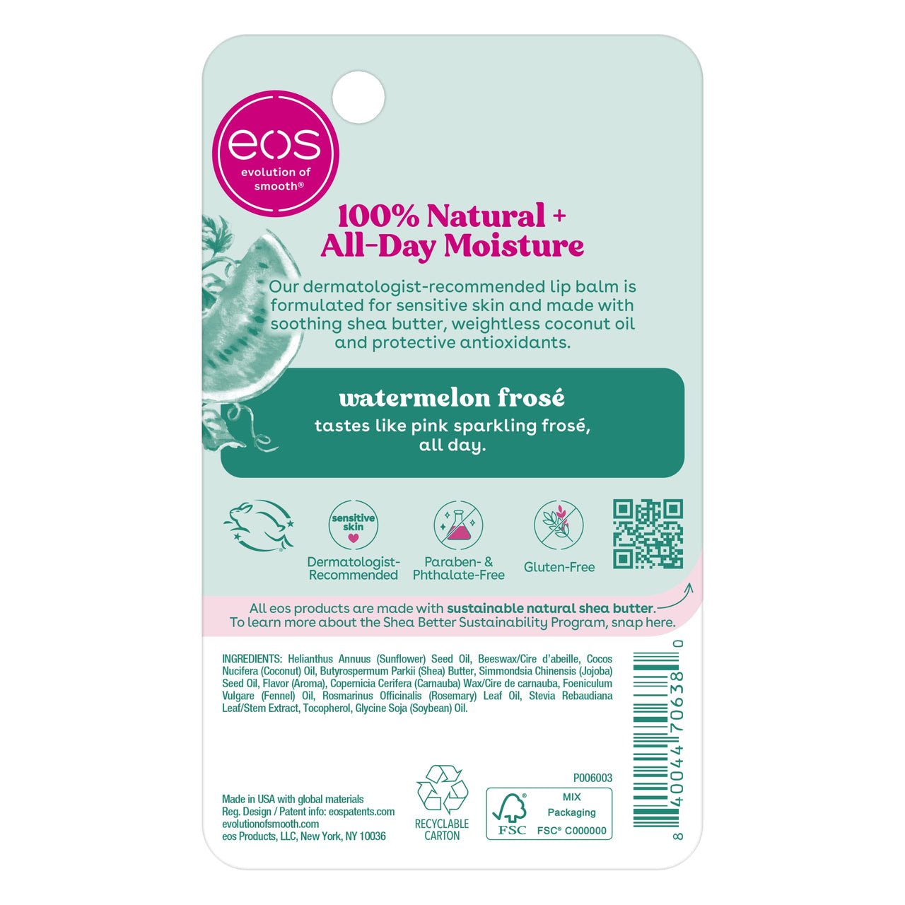 eos 100% Natural Lip Balm- Watermelon Frosé, Dermatologist Recommended for Sensitive Skin, All-Day Moisture Lip Care, 0.14 oz (Pack of 2)