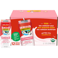 Thumbnail for Horizon Organic Shelf Stable 1% Lowfat Strawberry Milk Boxes, 8 fl oz, 12 Count - 8g Protein per Serving, USDA Organic UHT from Pasture-Raised Cows, Ready to Drink for Lunchbox, Travel, or On-the-Go, No Refrigeration Needed
