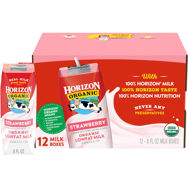 Horizon Organic Shelf Stable 1% Lowfat Strawberry Milk Boxes, 8 fl oz, 12 Count - 8g Protein per Serving, USDA Organic UHT from Pasture-Raised Cows, Ready to Drink for Lunchbox, Travel, or On-the-Go, No Refrigeration Needed