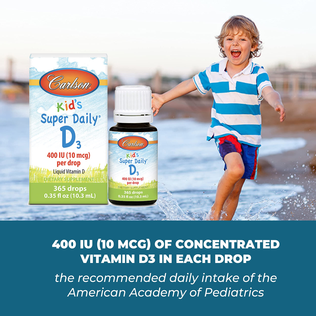 Carlson - Kid's Super Daily D3, Vitamin D Drops for Kids, 400 IU per drop, 1-Year Supply, Heart & Immune Health, Vegetarian, Liquid Vitamin D Drops, Unflavored, 365 drops