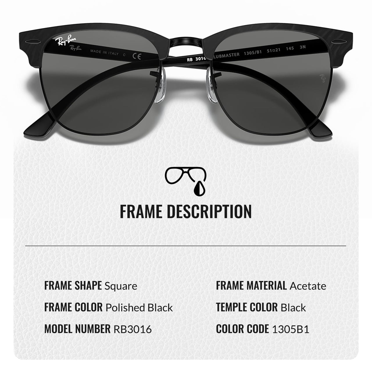 Ray-Ban RB3016 CLUBMASTER MARBLE Square Shaped Non-Polarized Sunglasses for Men & Women – Includes Official RAYBAN Eyewear Kit – Ideal Formal & Casual Wear Sunglasses – Dark Grey Lens