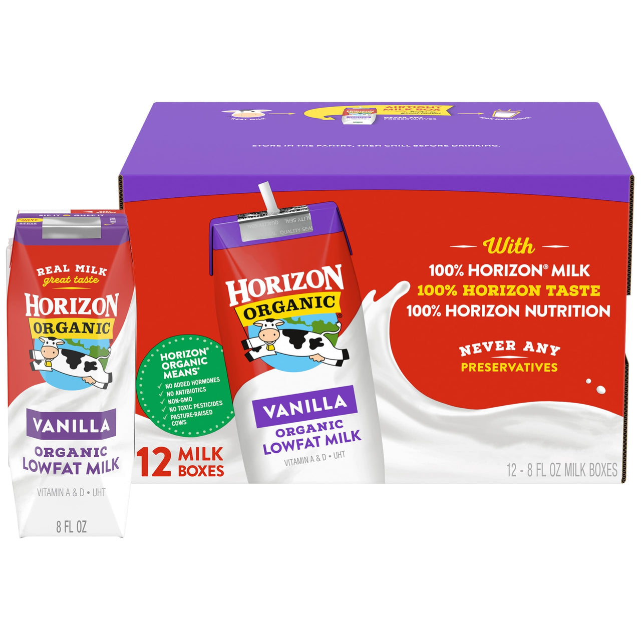 Horizon Organic Shelf Stable 1% Lowfat Vanilla Milk Boxes, 8 fl oz, 12 Count - 8g Protein per Serving, USDA Organic UHT from Pasture-Raised Cows, Ready to Drink for Lunchbox, Travel, or On-the-Go, No Refrigeration Needed